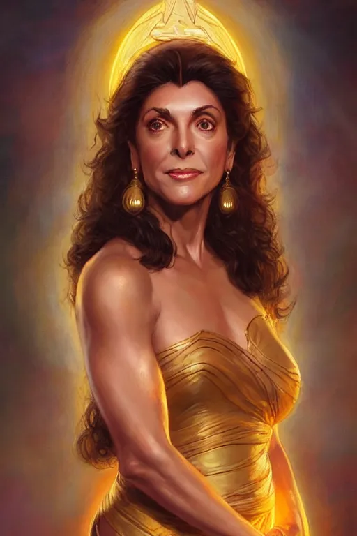 Image similar to Deanna Troi as a Goddess, Highly Detailed anatomy, only two hands, highly detailed, digital painting, artstation, concept art, smooth, sharp focus, illustration, Unreal Engine 5, 8K, art by art by artgerm and greg rutkowski and edgar maxence