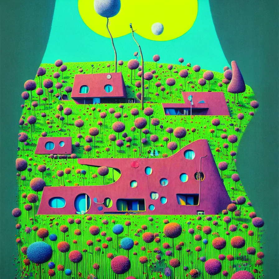 Image similar to surreal glimpse into other universe, house by norman foster, summer morning, very coherent and colorful high contrast, art by gediminas pranckevicius, geof darrow,!!! tove jansson!!!, floralpunk screen printing woodblock, dark shadows, hard lighting, stipple brush technique,