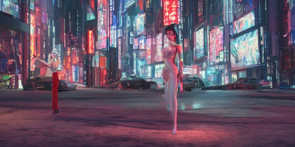 Image similar to photorealistic four dimensional holographic sculptures of beautiful geisha projected in the urban streets of a highly advanced futuristic city at night, unreal engine 5, archviz, cyberpunk, bladerunner