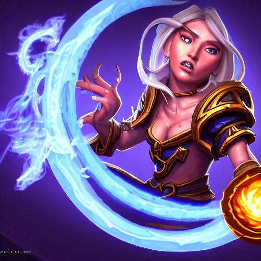 Prompt: Hearthstone official professional art. A sorceress, wearing a robe casting a fire ball. Hidden eyes. Insanely coherent physical body parts (face, arms, legs, hair, eyes, pupil, eye white). Full body realistic, sharp focus, 8k high definition, insanely detailed, intricate, elegant, smooth, sharp focus, illustration, ArtStation