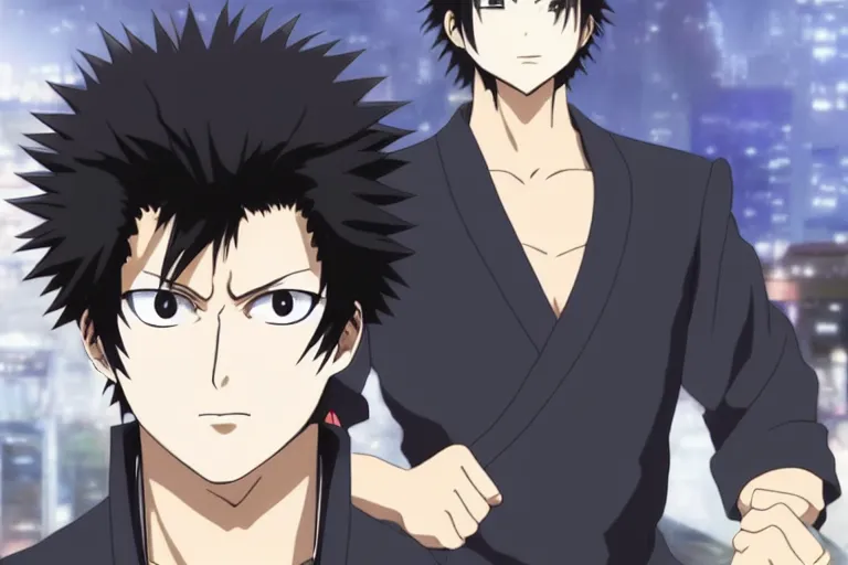 Image similar to A handsome man，Black short hair like a hedgehog, blue pupil, Hijikata Toushirou of Gintama,Kyoto Animation