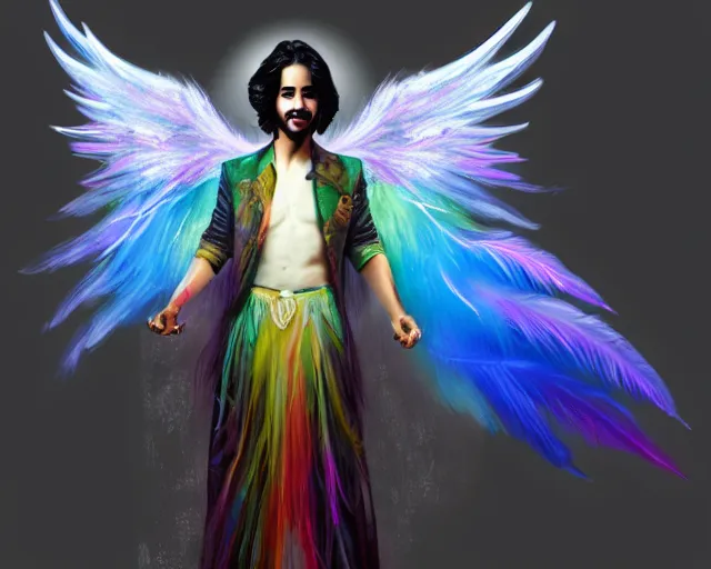 Prompt: Avan Jogia as an angel with large rainbow-feather wings, colorful detailed fantasy digital art, trending on artstation