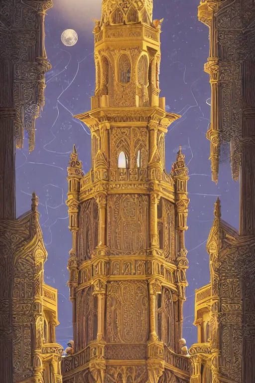 Prompt: ancient silver tower of the moon, fairytale illustration, elaborate carved latticed balconies, tall windows, moorish architecture, formal gardens, dramatic cinematic lighting, beautiful moths, soft colors, golden age illustrator, unreal engine