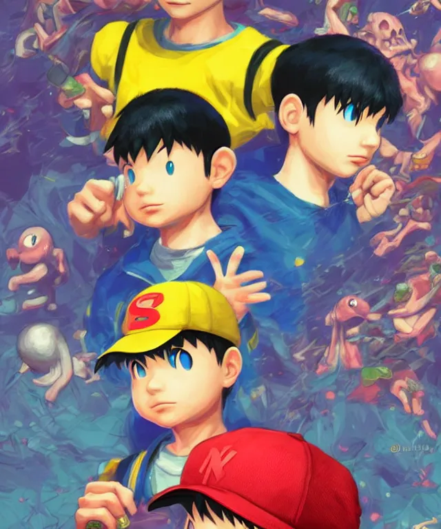 Prompt: ness from earthbound, highly detailed digital illustration, by ross tran, hirohiko araki, koyoharu gotouge