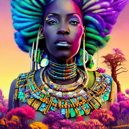 Prompt: a very regal african cyberpunk queen with colorful! dreadlocks and lots of jewlery sitting on a cliff overlooking a field of colorful flowers with a giant glowing baobab tree in the middle, it is sunset, by greg rutkowski and android jones and Alena Aenami in a surreal cyberpunk! style, oil on canvas, highly detailed face, 8k hd,