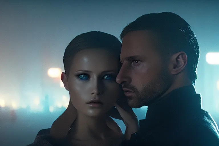 Prompt: film still of closeup beautiful russian models couple closeup in blade runner 2 0 4 9, cinematic, moody, gritty neon noir by emmanuel lubezki