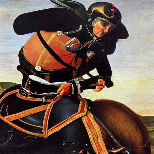 Prompt: Detailed oil painting of napoleon riding a motorbike by Caravaggio