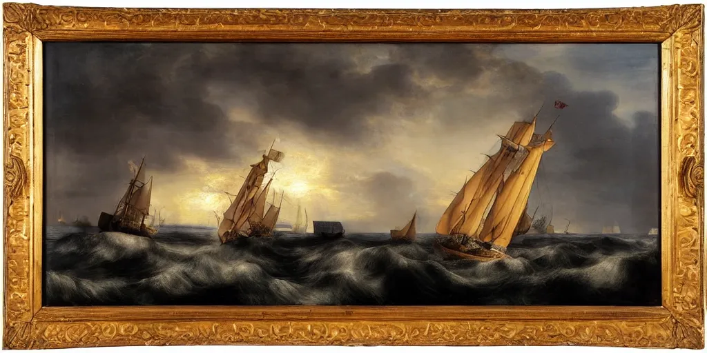 Prompt: a painting of the yacht sailing through the stormy ocean, sun setting down, an on board, there are two, beautiful, loving people, intricate details, romantic colour scheme, by rembrandt