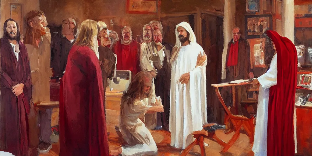 Image similar to jesus christ in a robe and red scarf, campaigning for president of the united states ; slice of life ; norm rockwell painting ; 2 0 2 2 ; highly detailed