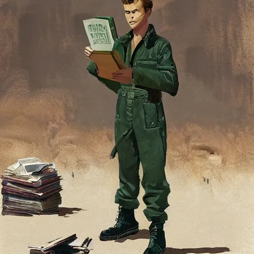 Image similar to a highly detailed epic cinematic concept art CG render digital painting artwork costume design: young James Dean as a well-kept neat anarchist rebel in 1950s green USSR mechanic outfit and big boots, reading a book. By Greg Rutkowski, Ilya Kuvshinov, WLOP, Stanley Artgerm Lau, Ruan Jia and Fenghua Zhong, trending on ArtStation, subtle muted cinematic colors, made in Maya, Blender and Photoshop, octane render, excellent composition, cinematic atmosphere, dynamic dramatic cinematic lighting, aesthetic, very inspirational, arthouse