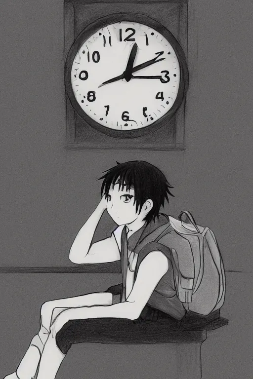 Image similar to anime drawing, a student sitting looking at the clock on the wall