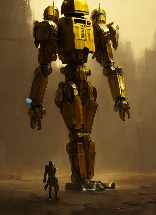 Image similar to human-sized strong intricate yellow pit droid carrying very detailed perfect antique great sword and beautiful large paladin shield, pancake short large head, exposed metal bones, painterly humanoid mecha, slightly far away, by Greg Rutkowski