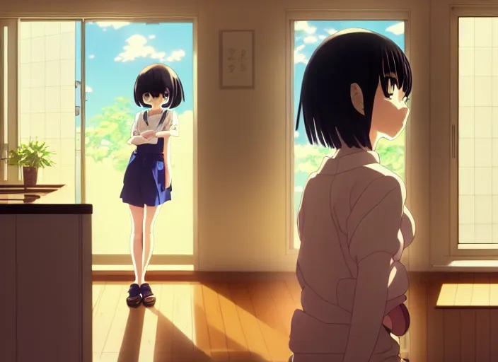 Prompt: anime film visual, full body illustration from across the room a young woman looking in a kitchen cabinet from a distance, cute face by ilya kuvshinov, yoshinari yoh, makoto shinkai, katsura masakazu, dynamic perspective pose, detailed facial features, kyoani, rounded eyes, crisp and sharp, cel shad, anime poster, ambient light,