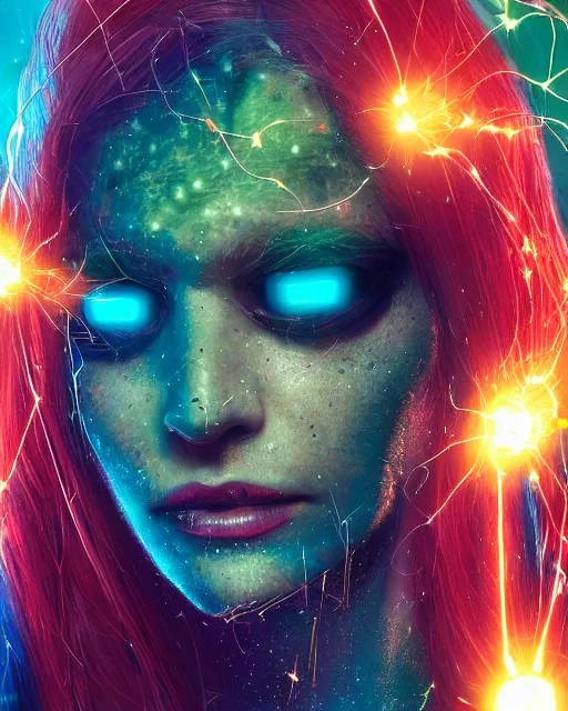 Image similar to a cyberpunk close up portrait of enchanting cyborg poison ivy, electricity, rainbow, sparks, bokeh, soft focus, sparkling, glisten, water drops, cold, dark, geometric, temples behind her, by paul lehr, jesper ejsing