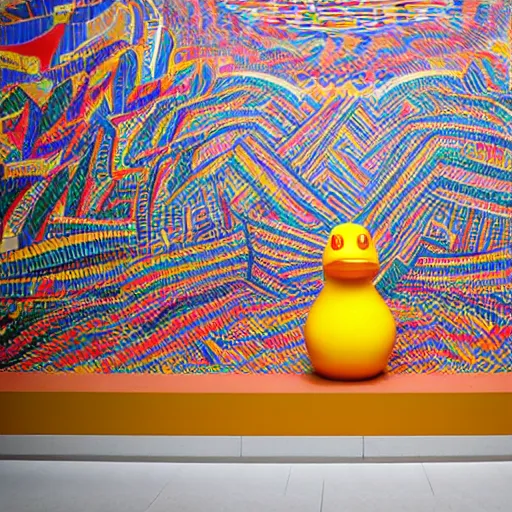 Prompt: wide shot, one photorealistic rubber duck in foreground on a pedestal in an art gallery, the walls are covered with colorful geometric wall paintings in the style of sol lewitt, tall arched stone doorways, through the doorways are more wall paintings in the style of sol lewitt.