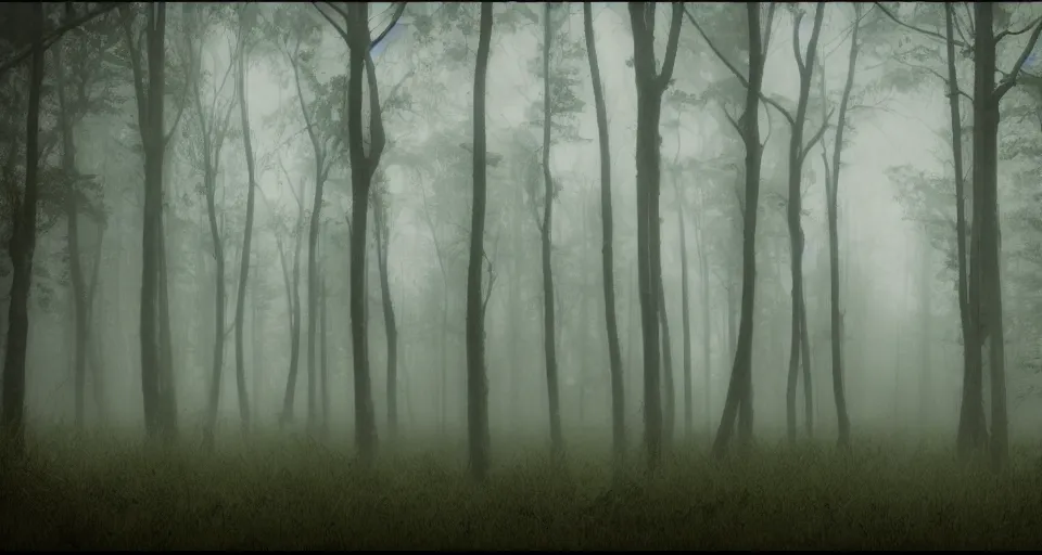 Image similar to a matte painting of a creepy foggy forest