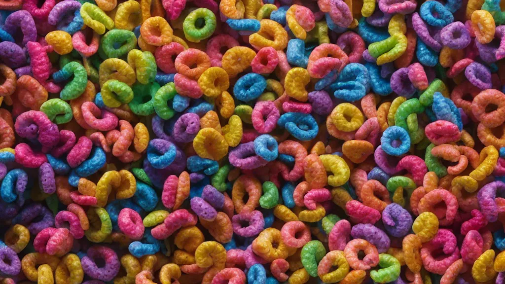 Prompt: film still of the Fruit Loops surreal action adventure movie. directed by James Gunn