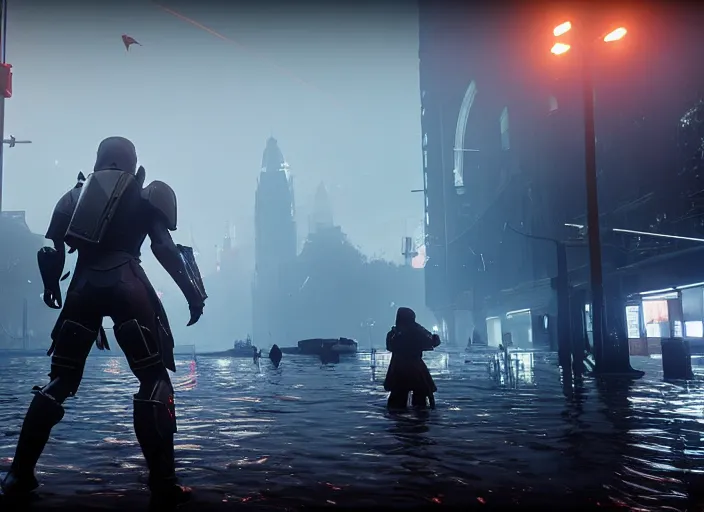 Image similar to 4 k 6 0 fps in - game destiny 2 gameplay showcase, dark, misty, foggy, flooded, rainy new york city swamp street in destiny 2, liminal, dark, dystopian, large creatures in distance, abandoned, highly detailed