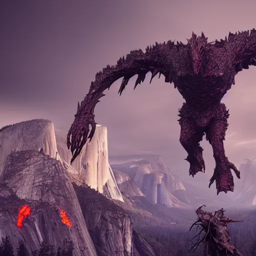 Image similar to evil steel chicken kaiju at yosemite, epic scale, hyper detailed, photorealistic, octane render, trending at cgstation, rule of thirds, 8 k.