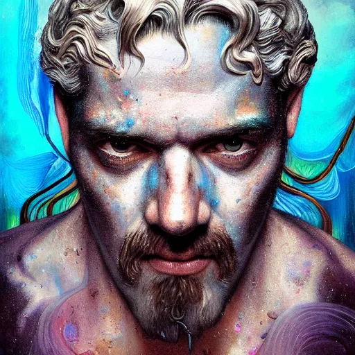 Image similar to portrait of zeus starring into the camera, fixed eyes, lightning environment, melted paint, melting, surreal, dramatic lighting, face, detailed, intricate, elegant, highly detailed, digital painting, artstation,, concept art, smooth, sharp focus, illustration, art by sam spratt, dan mumford, artem demura and alphonse mucha