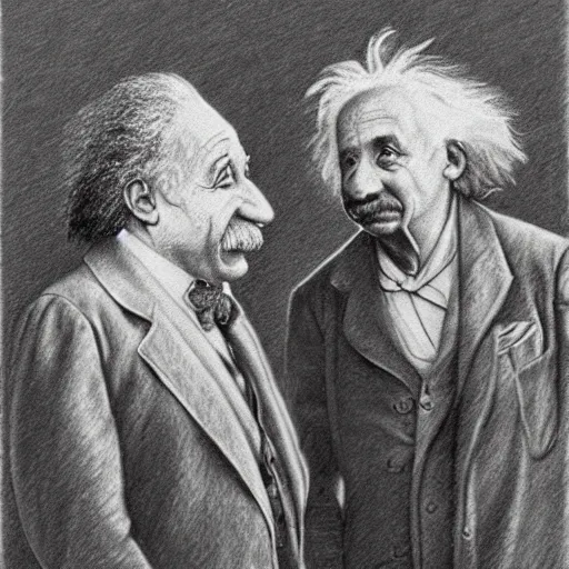 Image similar to Einstein and Newton speaks each other on a topic, pencil drawing, ultra detailed