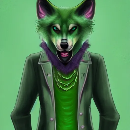 Image similar to Beautiful digital painting of an anthro anthropomorphic pastel-green wolf, Punk outfit.