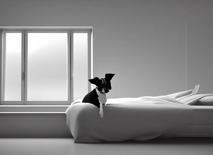 Image similar to photography of a Jack Russel watching outside the window on a bed in a 3d rendered white room, octane render, 3d, foggy, volumetric light, volumetric fog, photorealistic, unreal engine 5, award winning photo, 100mm, sharp, cloth, high res