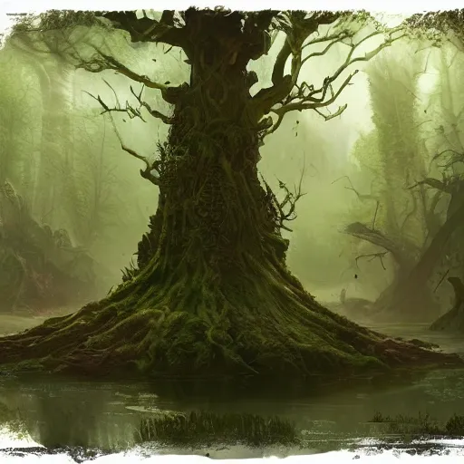 Prompt: living tree, froglike, swamp, greg rutkowski, trending on art station, magic the gathering, 4 k, matte painting