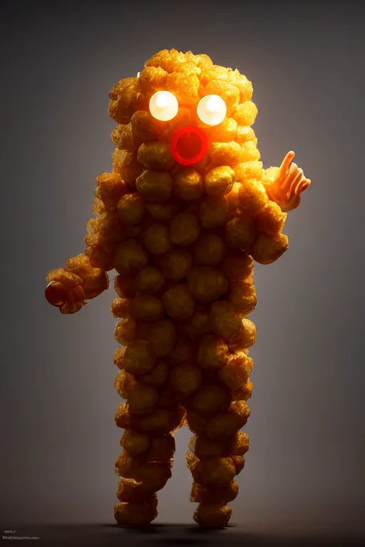 Image similar to channing tatum in a tater tot costume, tater tot face, ef 8 5 mm f 1. 8 usm, bionic scifi alexandre ferra, hyper detailed, digital art, trending in artstation, cinematic lighting, studio quality, smooth render, unreal engine 5 rendered, octane rendered