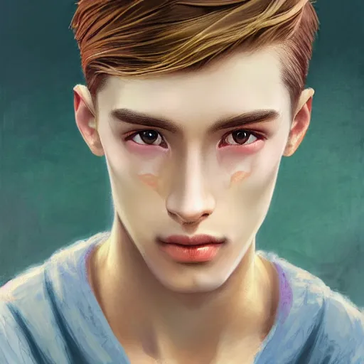 Prompt: colorful Captivating teenage boy with brown blond short quiff hair and thin facial structure with cleft chin, crooked nose, good definition of cheekbones, Alert brown eyes, narrow face, slim body, wearing a detailed Japanese kimono with golden details, atmospheric lighting, painted, intricate, 4k, highly detailed by Charlie Bowater