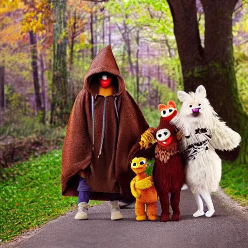 Prompt: a chibi foxfolk muppet druid wearing a hooded cloak holding a small muppet animal with a small herd of random muppet animals following behind, sesame street, photograph, photography, ultrarealistic, national geographic