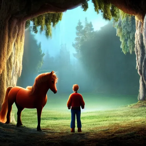 Image similar to the horse and his boy, narnia, pixar, disney, volumetric, crisp, 4 k