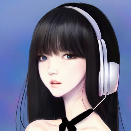 Image similar to realistic beautiful gorgeous natural cute Blackpink Lalisa Manoban black hair fur black cat ears, wearing white camisole summer outfit, headphones, black leather choker artwork drawn full HD 4K highest quality in artstyle by professional artists WLOP, Aztodio, Taejune Kim, Guweiz on Pixiv Instagram Artstation