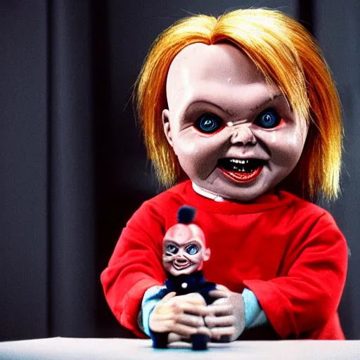 Image similar to chucky the killer doll testifying in court