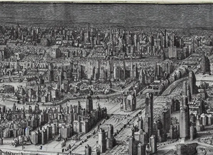 Image similar to detail from Hollar’s Panoramic view of a futuristic city, 1647