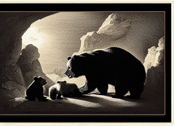 Image similar to Pieter Claesz's 'a bear and her cub sleeping in a dark cave, lit by hole in roof', night time, cross hatching, backlit, beautiful wooden frame, monochrome, colours of the sunset