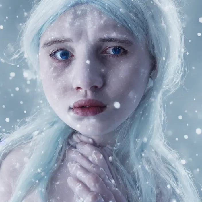 Prompt: a sickly looking young woman dying of hypothermia, with very white skin and pale blue hair wearing a long white summer dress made out of snowflakes in the middle of a heavy snowstorm. pale light blue lips. full body digital portrait by maromi sagi