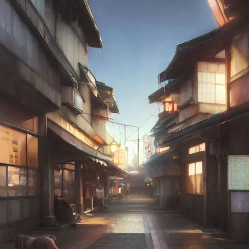 Image similar to walking around ozu city and shimonad station, ehime, japan. volumetric lighting, realistic illustration, perfectly shaded, soft painting, art by krenz cushart and wenjun lin