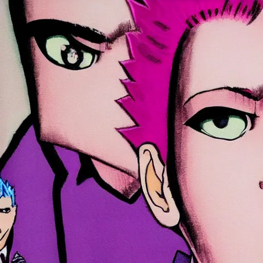 Prompt: boy with eccentric pink hair wearing a purple suit, artwork made by hirohiko araki