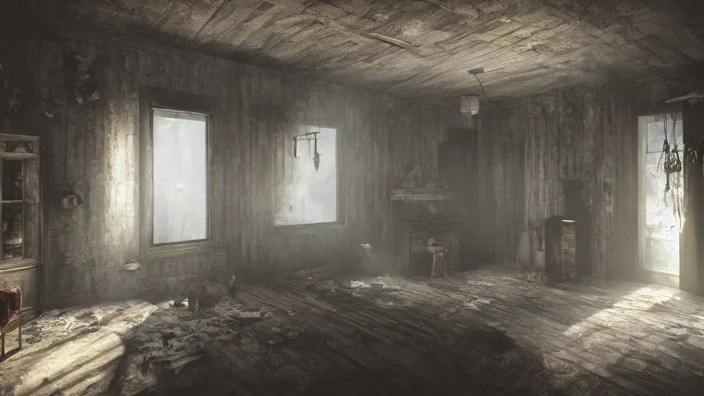 Image similar to A ghost in the shadows of a dark decrepit cottage, highly detailed interior, hyperrealistic, Lumion render, 8k UHD