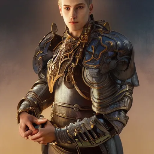 Image similar to portrait painting of a young melancholic man with a soft face and short light blonde hair wearing armor, ultra realistic, concept art, intricate details, eerie, highly detailed, photorealistic, octane render, 8 k, unreal engine. art by artgerm and greg rutkowski and charlie bowater and magali villeneuve and alphonse mucha