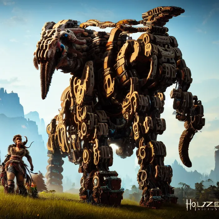 Image similar to full body photograph mechanised mammoth in the style of horizon zero dawn, extremely detailed. dslr. 5 0 mm.