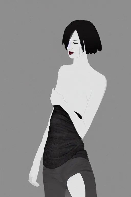 Image similar to portrait of a girl in long pants and a top, hands in pockets, eyes closed, bob haircut, digital art, black and white