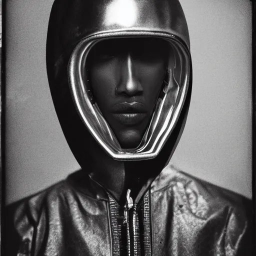 Prompt: wet plate photo, black man, silver metallic moncler jacket, dystopian metal mask,
