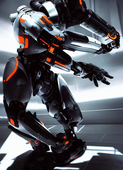 Image similar to a Photorealistic dramatic hyperrealistic full frame render of a Sleek futuristic exosuit Freedom Formula Racing Mech,Ultra realistic details,glossy white metal,Orange racing stripes,weathered surfaces,by Hidetaka Tenjin,Yoh Yoshinori,Yoji Shinkawa,Masamune Shirow,Beautiful dramatic dark moody tones and lighting,cinematic atmosphere,studio lighting,shadows,dark background, Octane render,8K