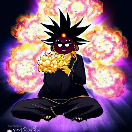 Image similar to fluffy exploding popcorn elemental spirit, in the style of a manga character, with a smiling face and flames for hair, sitting on a lotus flower, white background, simple, clean composition, symmetrical