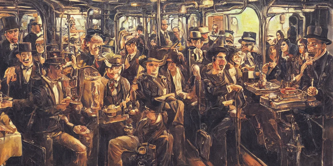 Prompt: Steampunk train scene from pulp fiction novel, small crowd of people and one pan handler with monkey (oil paint on canvas)