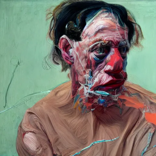 Image similar to high quality high detail painting of a depressed man by lucian freud and jenny saville and francis bacon and nicola samori, hd, anxiety, turquoise and orange and purple and pink and red