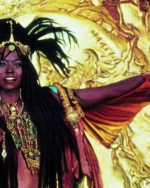 Prompt: the image is a lost hollywood film still 1 9 9 0 s photograph of a guardian priestess goddess black woman with dark brown skin, long, swirling black hair, and jade colored eyes, dancing in a ballroom. vibrant cinematography, anamorphic lenses, crisp, detailed image in 4 k resolution.