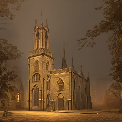 Image similar to victorian church in the middle of the city, dark, misty, at night, 8 k, detailed, concept art, trending on artstation